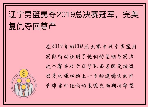 辽宁男篮勇夺2019总决赛冠军，完美复仇夺回尊严