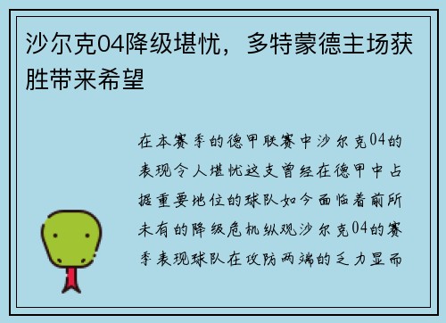 沙尔克04降级堪忧，多特蒙德主场获胜带来希望
